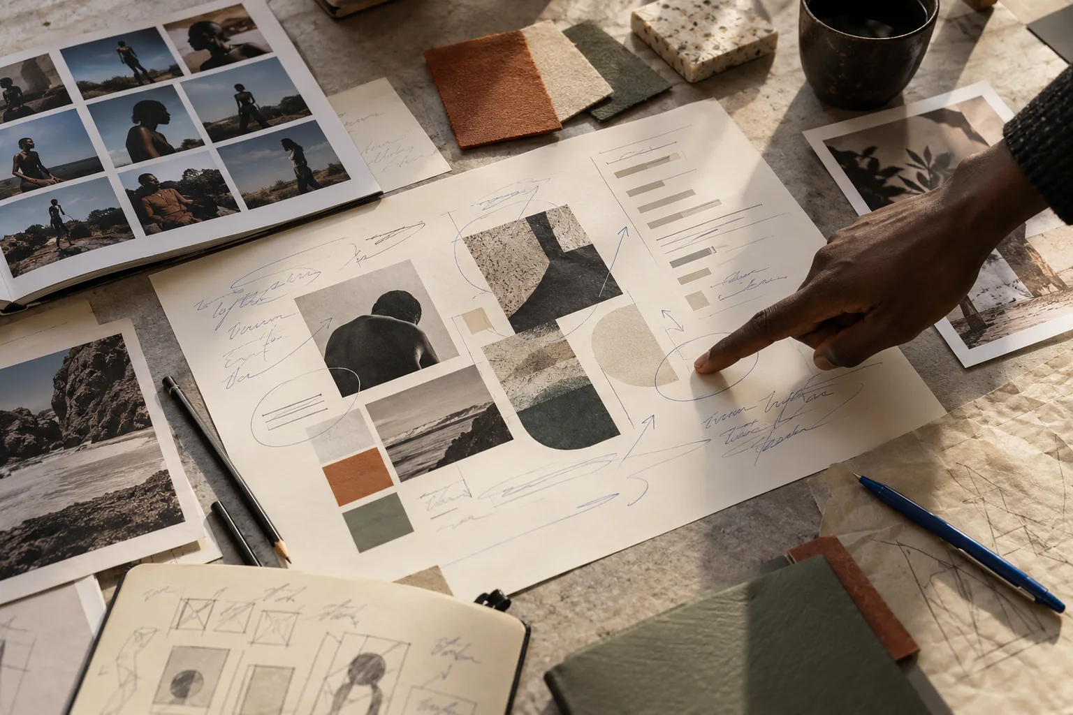 Illustration : documents de préparation et annotations d’un brief créatif