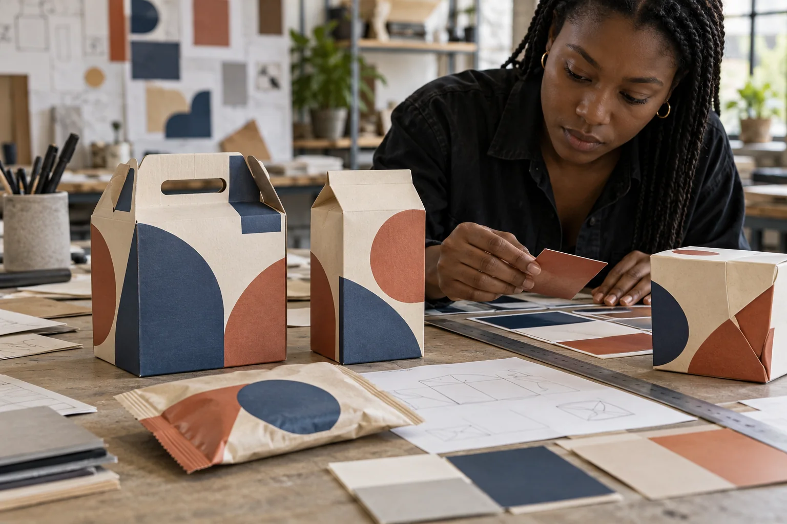 Illustration : prototypes d’emballages et contrôle des couleurs sur une table de production